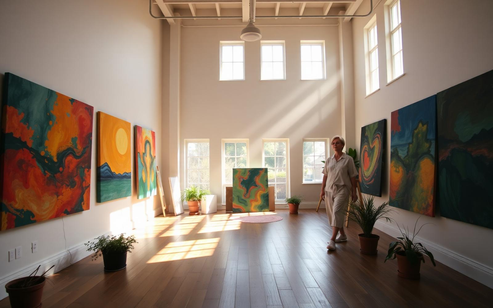 Artists painting together in a bright studio